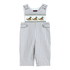 Gray Gingham Mallard Smocked Overalls