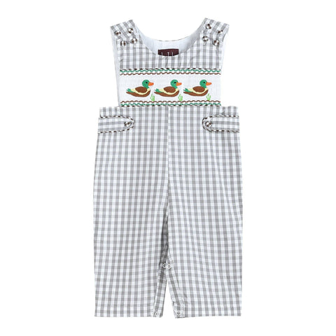 Gray Gingham Mallard Smocked Overalls