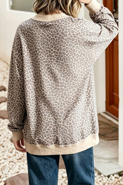 LDC Leopard Print Ribbed Cuffs Hem Mock Neck Sweatshirt