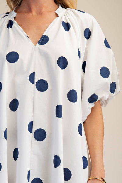 Puff-Sleeve Mini Shift Dress: Navy