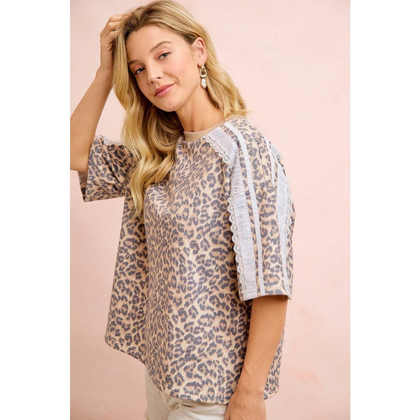 LEOPARD TERRY SIDE DETAIL SHORT SLEEVES TOP: