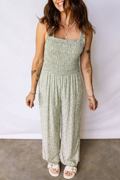 Floral Smocked Bodice Square Neck Sleeveless Jumpsuit Green