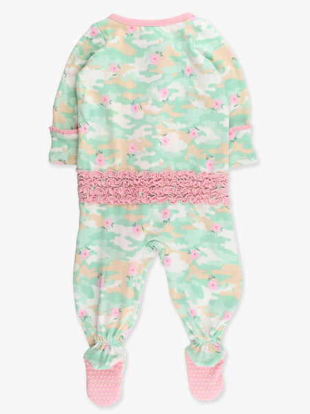SoftSnooze™ Baby Girls Cotton Modal Sage Blossom Camo Footed Ruffle One Piece Pajama: Green