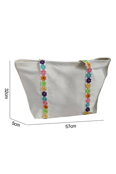 LAS Colorful Ricrac Detail Canvas Tote Bag: Large / White / One Size