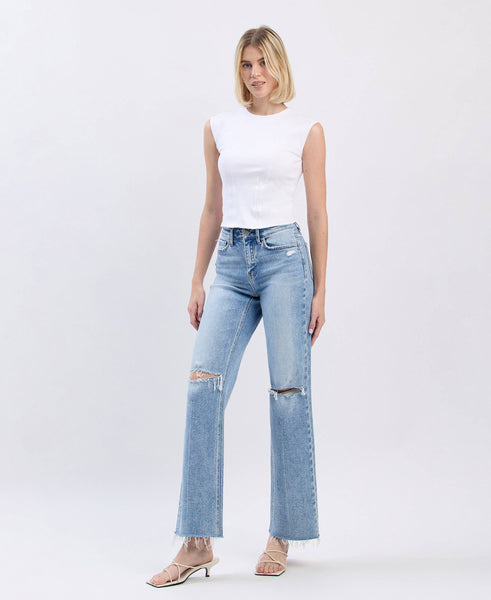 HIGH RISE DISTRESSED SLIM WIDE JEANS F6011: GLORIETTA
