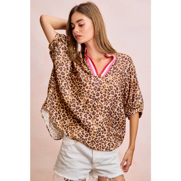 LEOPARD CONTRAST BANDED DOLMAN SLEEVES BLOUSE TOP: LEOPARD / S