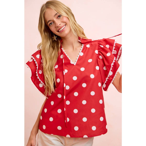 POLKA DOT PRINTED RUFFLE TRIM EDGE BLOUSE TOP: RED / S