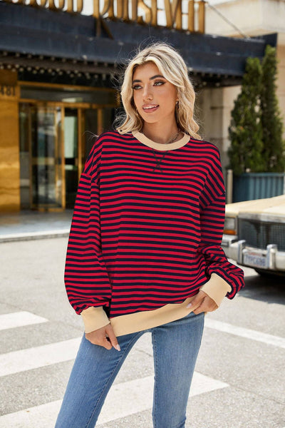 Striped Crew Neck Contrast Color Loose Long Sleeve Sweater: Black and white stripes