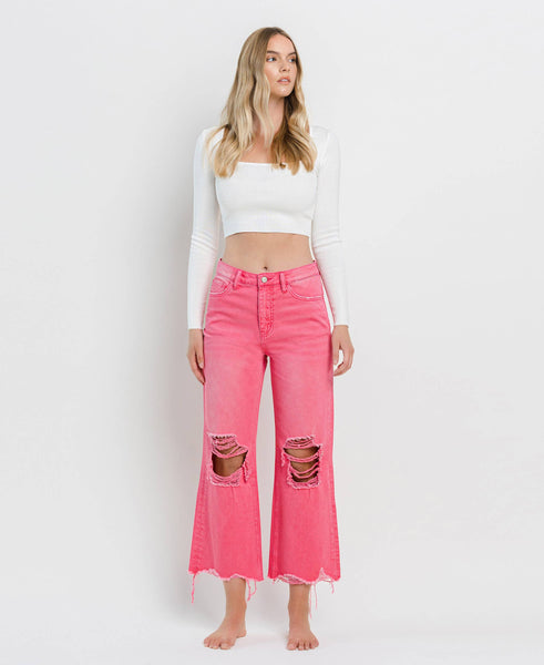 90'S VINTAGE SUPER HIGH RISE CROP FLARE JEANS V2736HP: HOT PINK
