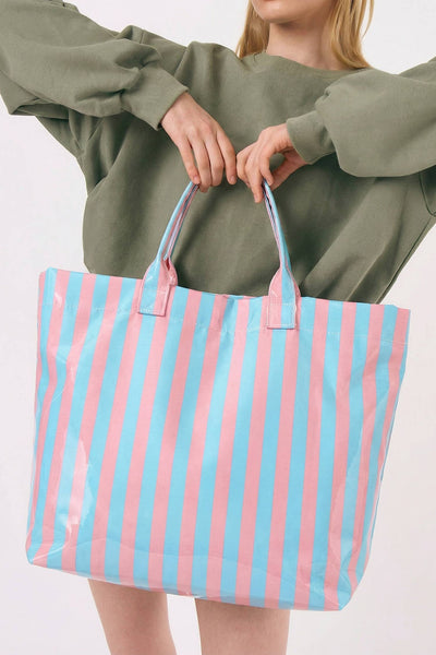 Glossy Striped Large Tote Bag: Blue