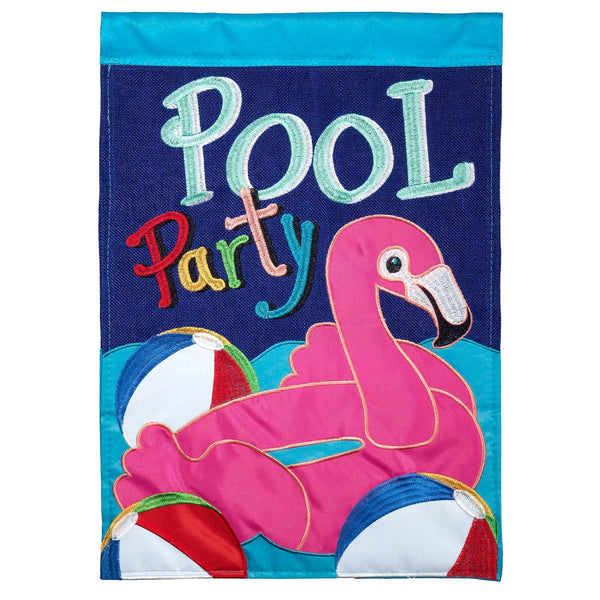 POOL PARTY BURLAP APPLIQUE GARDEN FLAG