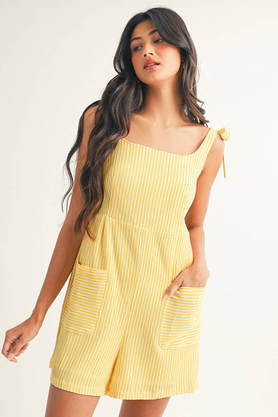 LDC Stripe Shoulder Tie Smocked Back Wide Leg Casual Romper: Yellow