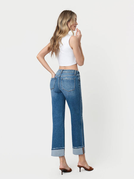 HIGH RISE MEDIUM DARK WASH CUFFED SLIM WIDE JEANS F5992: DARK STONE