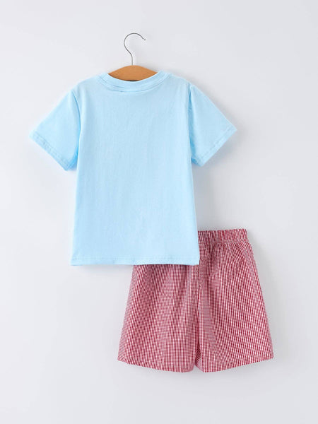 Crab Applique Boy Top And Plaid Shorts Set: