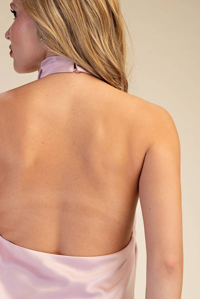 Halter Neck Cowl Neck Sleeveless Openback Satin Top: Dusty Blue / S