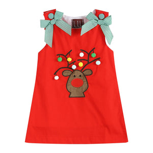 Red Reindeer Pom-Pom Shift Dress: