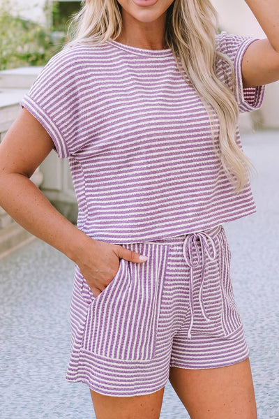 LDC Stripe Breathable Textured Knit Short 2pcs Set: Purple Stripe