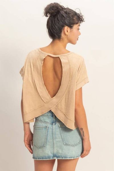 Acid Wahsed Cross Detail Open Back Top: DARK TAUPE