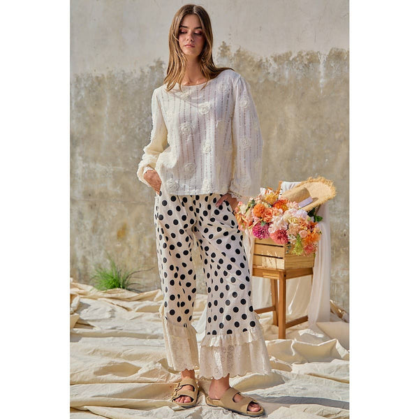 LINEN BLEND POLKA DOT PRINTED RUFFLE LACE HEM PANTS: CREAM/BLACK
