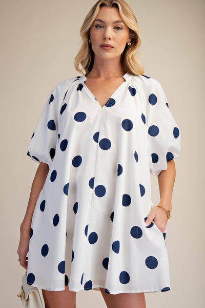 Puff-Sleeve Mini Shift Dress: Navy
