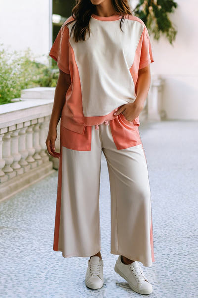 LDC Color Block Patchwork Tee Drawstring Loose Pant Set: White