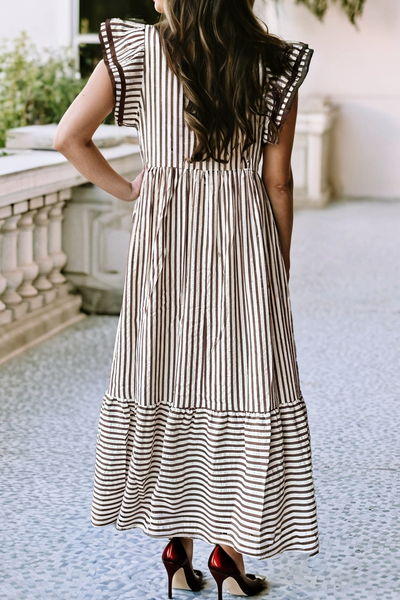 LDC Ruffled Stripe Contrast Trim V Neck Dress: Black