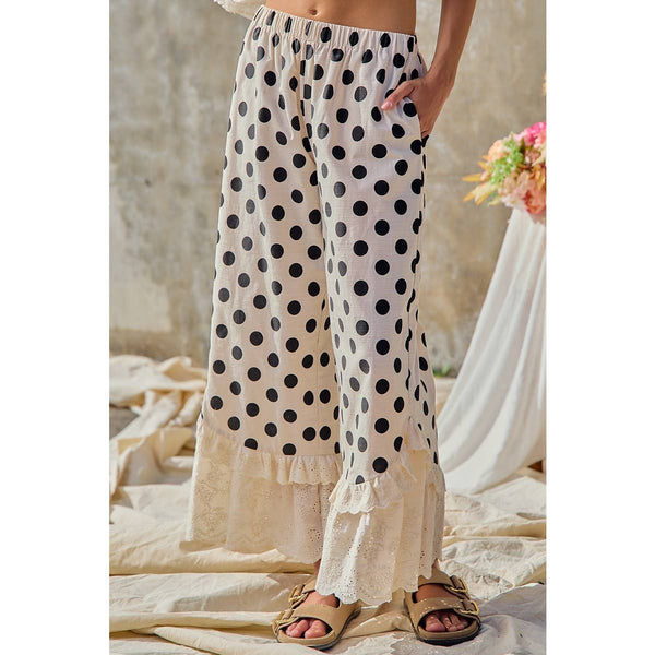 LINEN BLEND POLKA DOT PRINTED RUFFLE LACE HEM PANTS: CREAM/BLACK