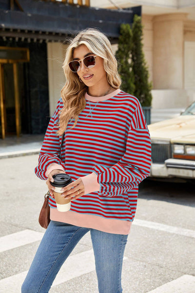 Striped Crew Neck Contrast Color Loose Long Sleeve Sweater: Blue and white stripes