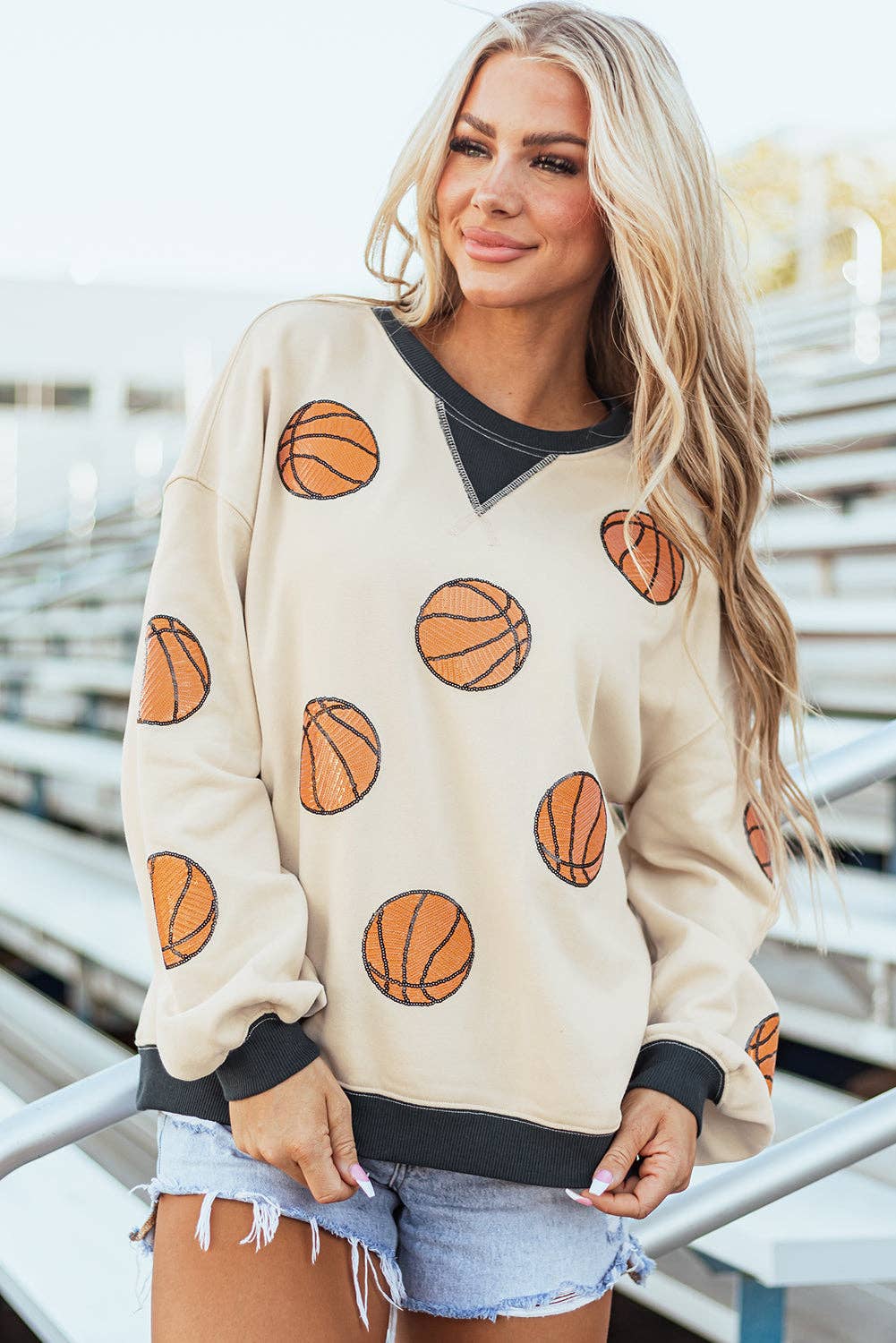 White Sequin Basketball Graphic Colorblock Edge Sweatshirt: