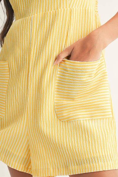 LDC Stripe Shoulder Tie Smocked Back Wide Leg Casual Romper: Yellow
