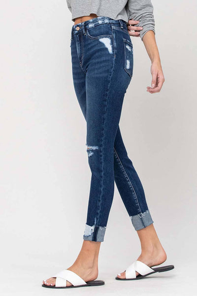 HIGH RISE DISTRESSED CUFFED CROP SKINNY JEANS V2173: ZEKE