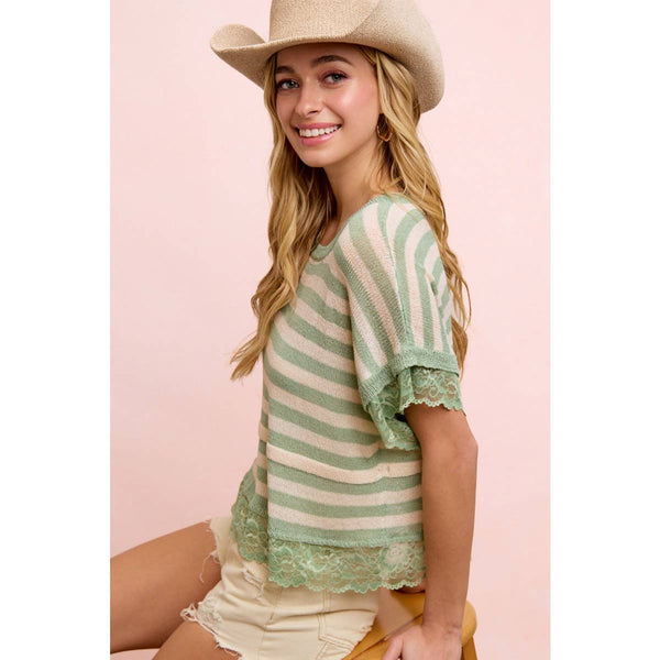 STRIPED CONTRAST LACE DETAIL LIGHTWEIGHT KNIT TOP: PALE BANANA / M
