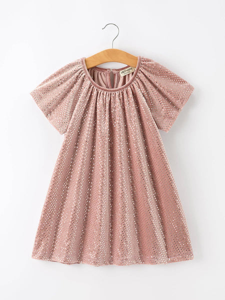 Fall Girls Velvet Sparkle Polka Dot Party Dress: Dusty Rose