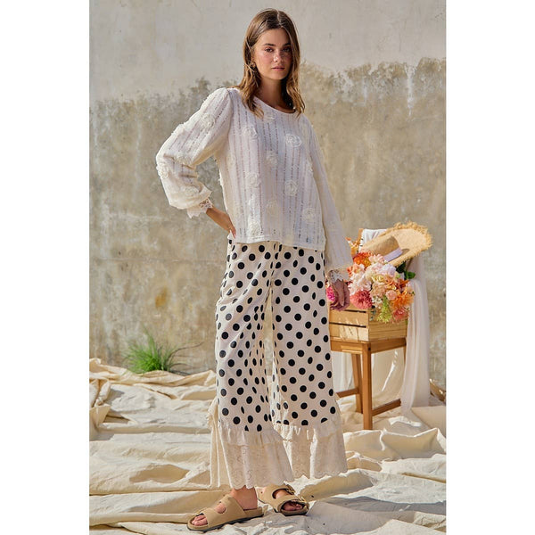 LINEN BLEND POLKA DOT PRINTED RUFFLE LACE HEM PANTS: CREAM/BLACK