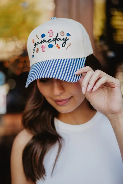 Gameday Baseball Doodles Classic Trucker Hats Grad Gifts: Light Blue and Navy Stripe