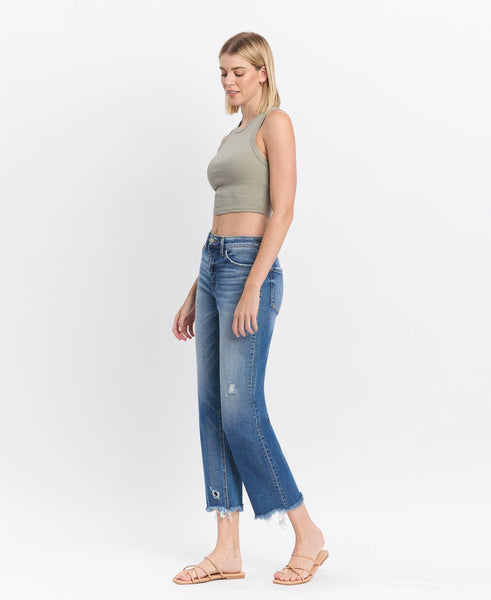 HIGH RISE FRAYED HEM CROP STRAIGHT JEANS F5569: ADMIRE
