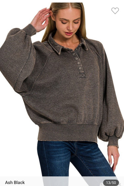 Fleece button collared pullover