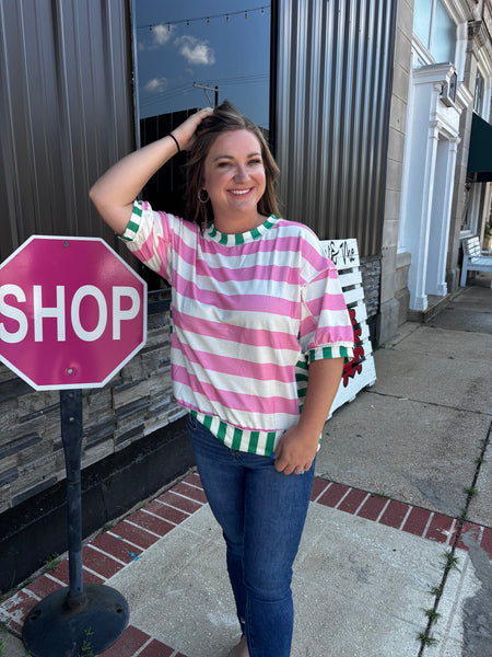 LAS Stripe Exposed Seam Patchwork Top Pink Stripe