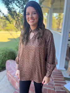 Leopard collared neck button long sleeve blouse