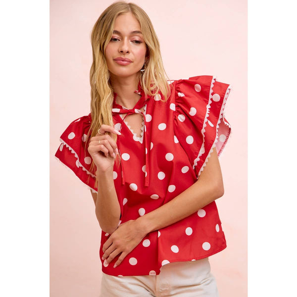 POLKA DOT PRINTED RUFFLE TRIM EDGE BLOUSE TOP: RED / S