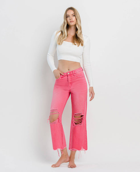 90'S VINTAGE SUPER HIGH RISE CROP FLARE JEANS V2736HP: HOT PINK
