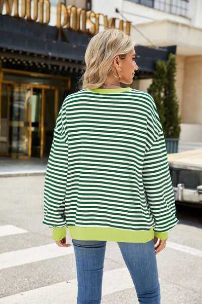 Striped Crew Neck Contrast Color Loose Long Sleeve Sweater: Black and white stripes