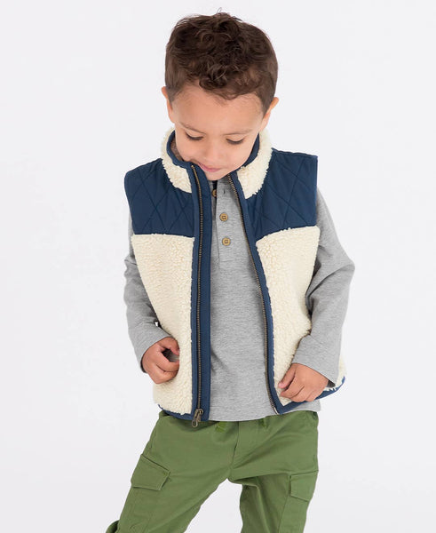 Boys Dark Navy Quilted Sherpa Vest: Blue