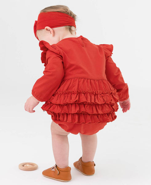 Baby Girls Red Knit Long Sleeve Flutter Bubble Romper: Red