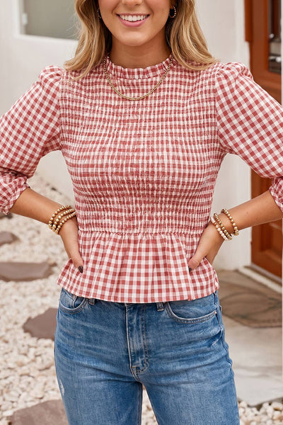 Plaid Smocked Bodice Three Quarter Sleeve Casual Top: Red