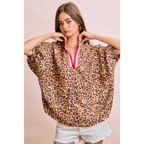 LEOPARD CONTRAST BANDED DOLMAN SLEEVES BLOUSE TOP: LEOPARD / S