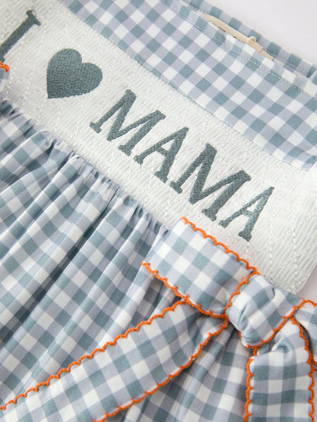 Summer Plaid Smocked “I ❤ MAMA” Girls Dress Bow Ruffle: