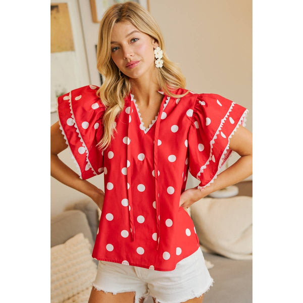 POLKA DOT PRINTED RUFFLE TRIM EDGE BLOUSE TOP: RED / S