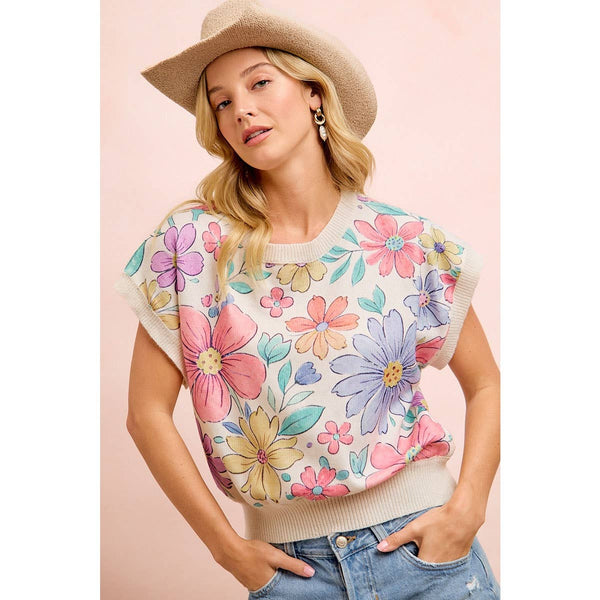 FLOWER ARTWORK PRINTED COZY KNIT TOP: FLOWER / 2X