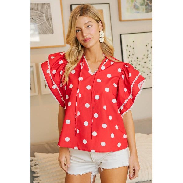 POLKA DOT PRINTED RUFFLE TRIM EDGE BLOUSE TOP: RED / S